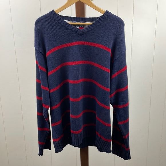 Tommy Hilfiger Navy and Red Striped V-Neck Sweater - Picture 1 of 4